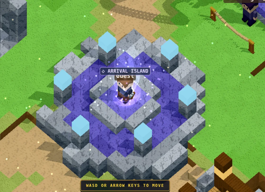 The Portal Dais at the centre of Arrival Island: a two-step violet platform framed by a grey stone lip and ringed by six ice-capped rune posts.