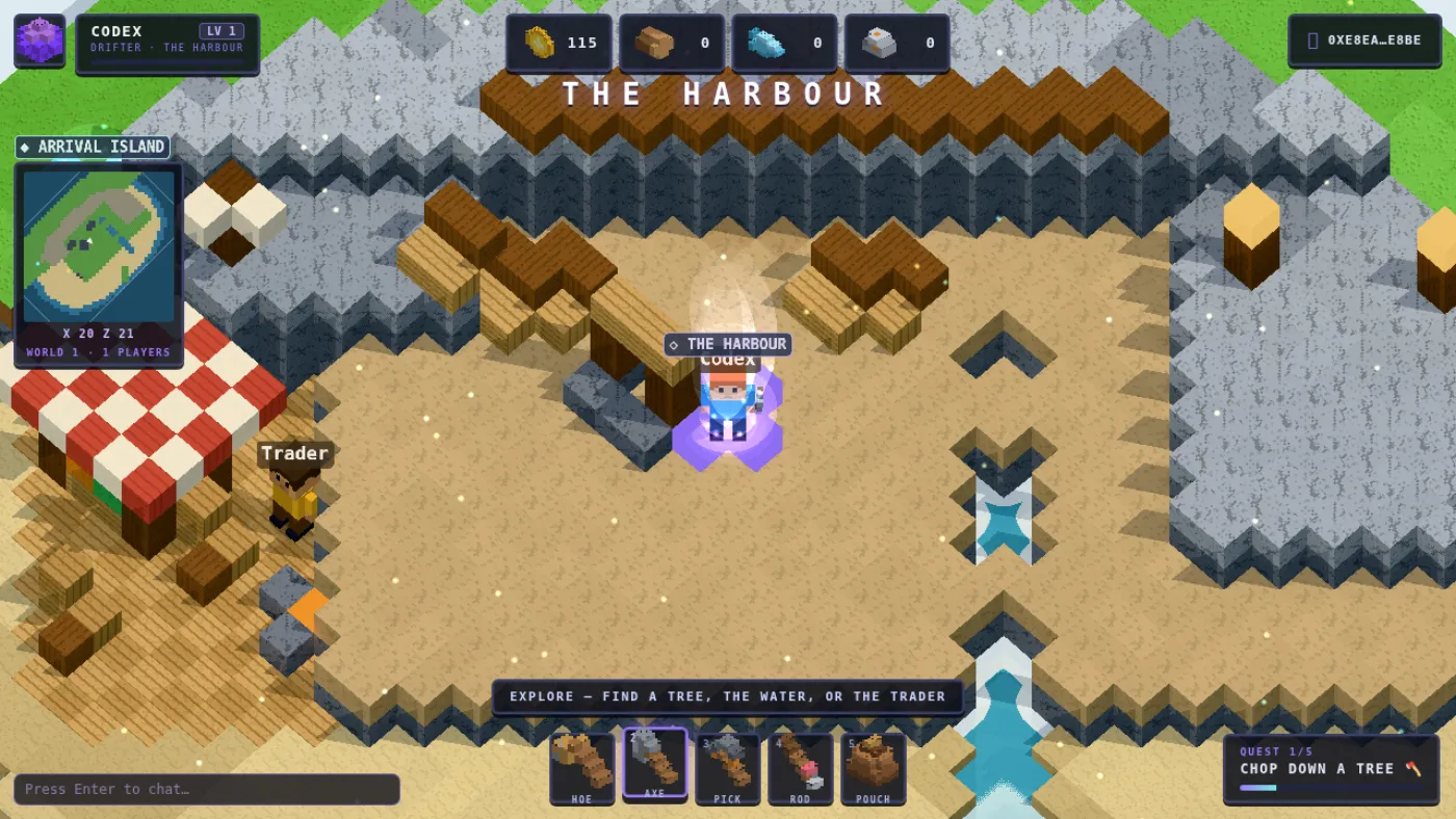 The Harbour concourse: the player stands on the purple fast-travel rune, the Trader waits by the market stall to the left, and the cyan walk-through door back to Arrival Island glows inland behind them.