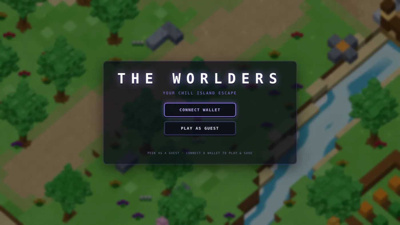 The Worlders landing screen: the wordmark over a blurred view of the island, with Connect Wallet and Play as Guest.