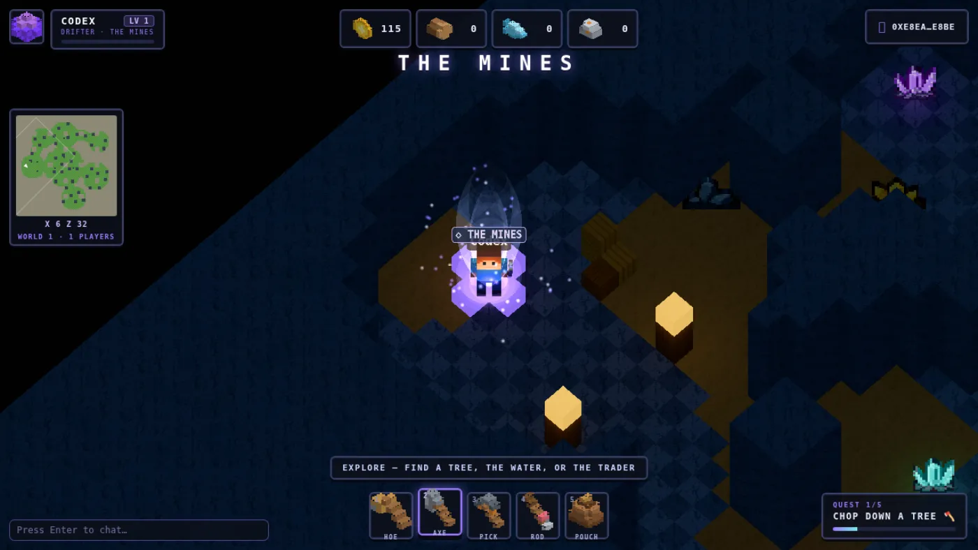 Standing on the fast-travel rune at the mouth of The Mines: gold ore blocks in the tunnel ahead, a purple crystal vein set in the wall above and a cyan one below, with the cave falling away into darkness.