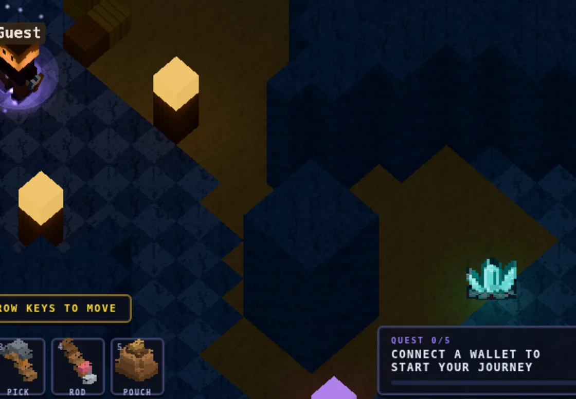 Inside The Mines: gold ore blocks and a crystal vein glowing at the edge of the light the player carries.